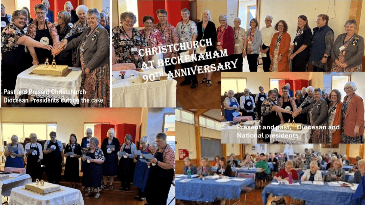 Christchurch diocesan conference at Beckenham — past and present presidents cutting the 90th anniversary cake, and members gathered in the hall